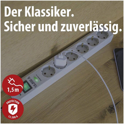Brennenstuhl eco-line 13.500a stekkerdoos met overspanningsbeveiliging 6-voudig stekkerdoos (lichtgrijs, 1,5 meter)