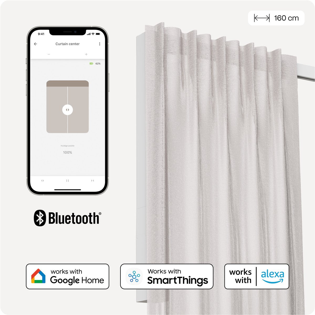 Motionblinds slimme gordijnrail – smart gordijn – bluetooth, draadloos app-bediening pull-start functie – usb-c oplaadbaar – pull-start functie – 160 cm