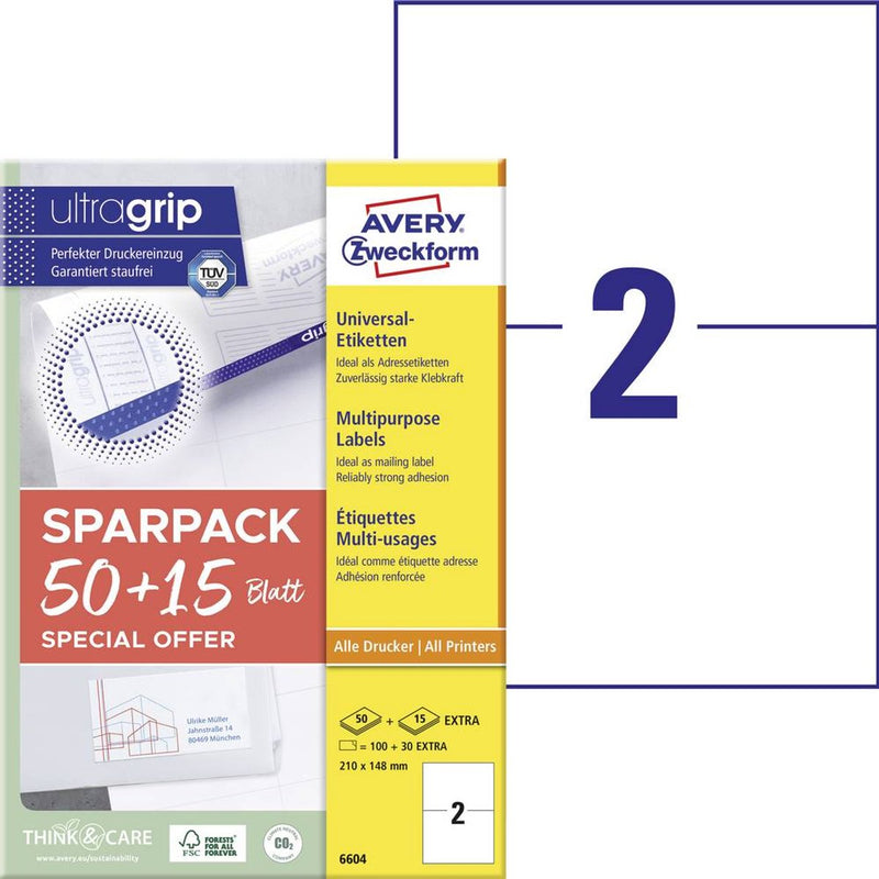 Avery -zweckform 6604 universele etiketten 210 x 148 mm papier wit 130 stuk(s) permanent hechtend ilc