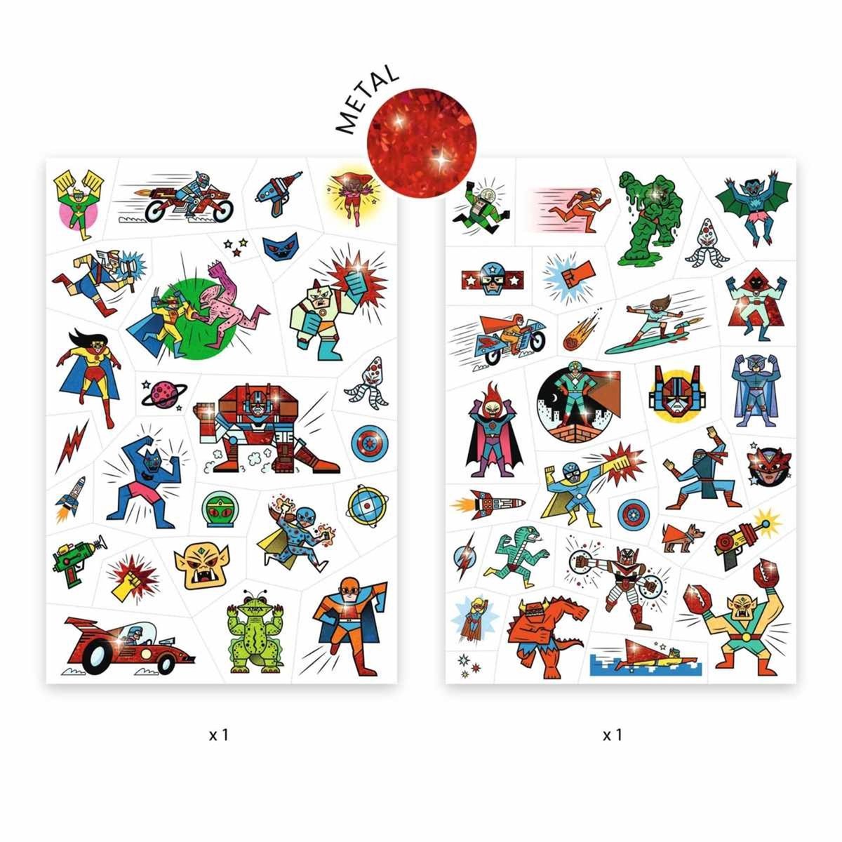 Djeco tattoos heroes vs villains – kindertattoos set – tijdelijke tattoos voor kinderen – 2 vellen