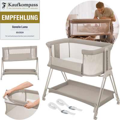 Lionelo luna – 2-in-1 babybedje co-sleeper – geboorte tot 9 kg – 7 hoogtestanden – kantelbaar matras – mesh zijkanten – wielen met blokkade – wasbare hoes – inclusief opbergmand
