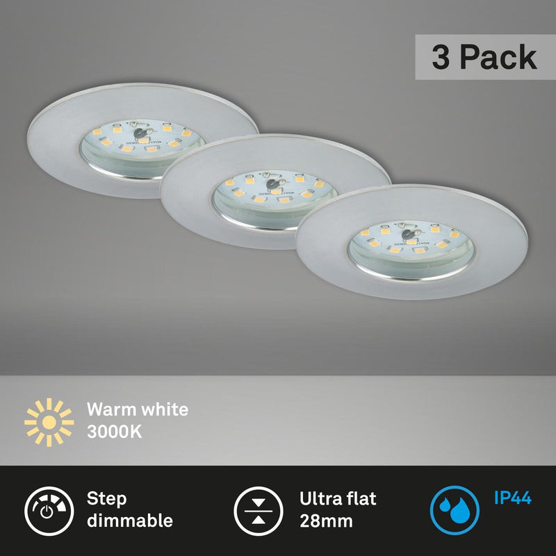 Briloner - led-inbouwlampen set van 3 dimbaar, elk 6,5 w, 3.000 kelvin ip44, aluminiumkleurig ø7,5 cm