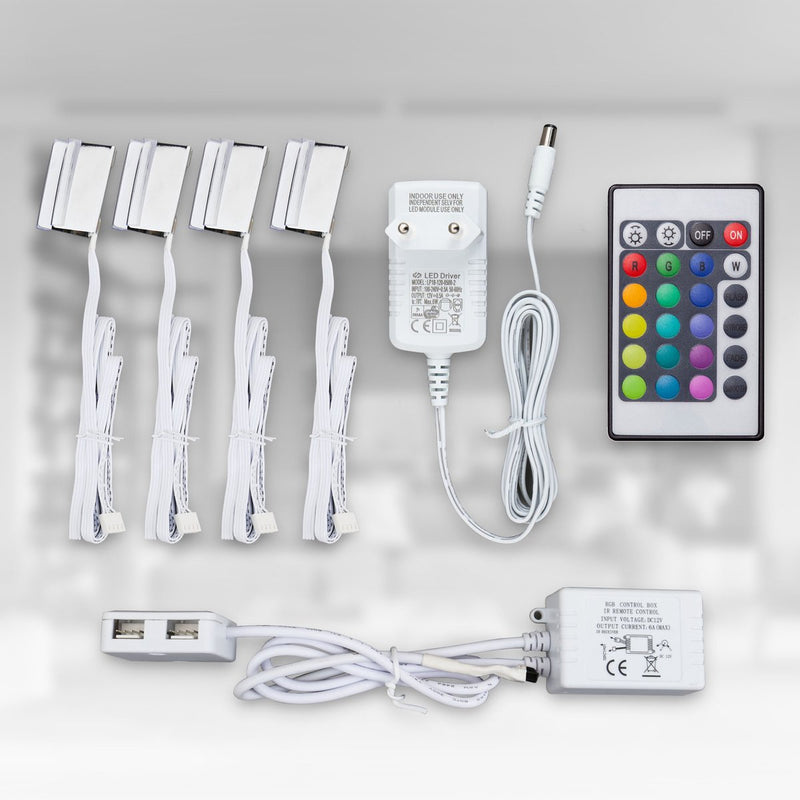 B.k.licht - led rgb licht - kastverlichting - glasplaatclips - verlichting - 4-delige set - met afstandsbediening - led strips