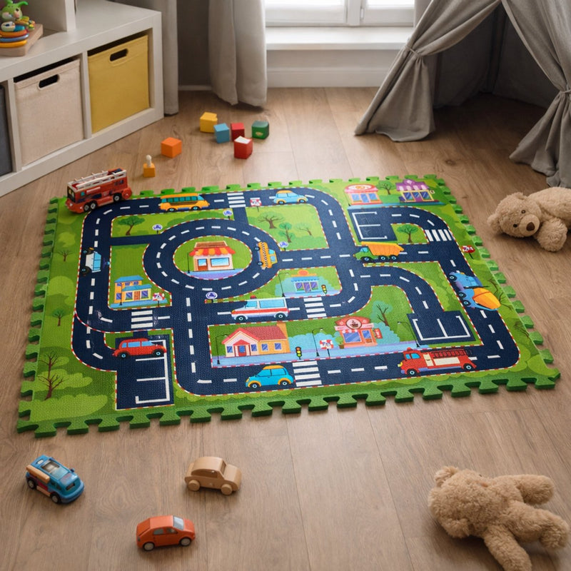 Eddy toys playmat city traffic - speelmat stadsverkeer - 12 puzzelstukjes - educatief speelgoed - duurzaam schuim materiaal - afmeting 30x30 cm - kleur meerkleurig - voor kinderen