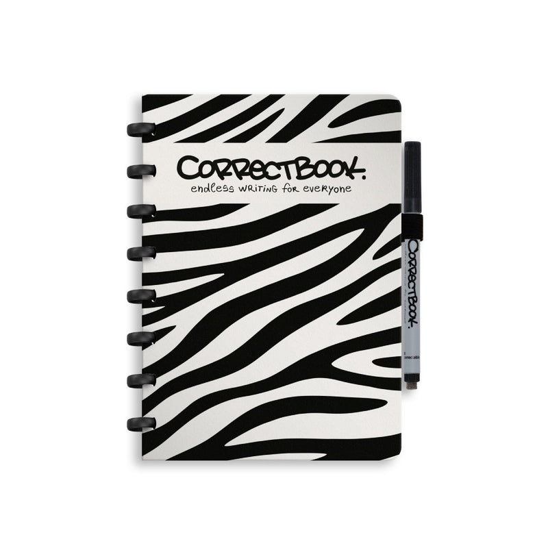 Correctbook a5 uitwisbaar notitieboek – brave zebra – gelinieerd – herbruikbaar schrift – inclusief pen wisdoekje – aanvulbaar met extra pagina’s