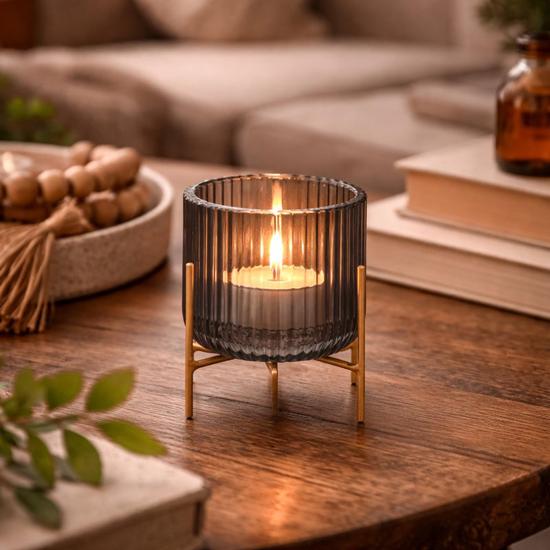 Arti casa kaarshouder frame - glazen waxinelichthouder met metalen onderstel - trendy en stijlvol design - rond model - afmeting ø9 x h9,5 cm - kleur grijs met goudkleurig frame