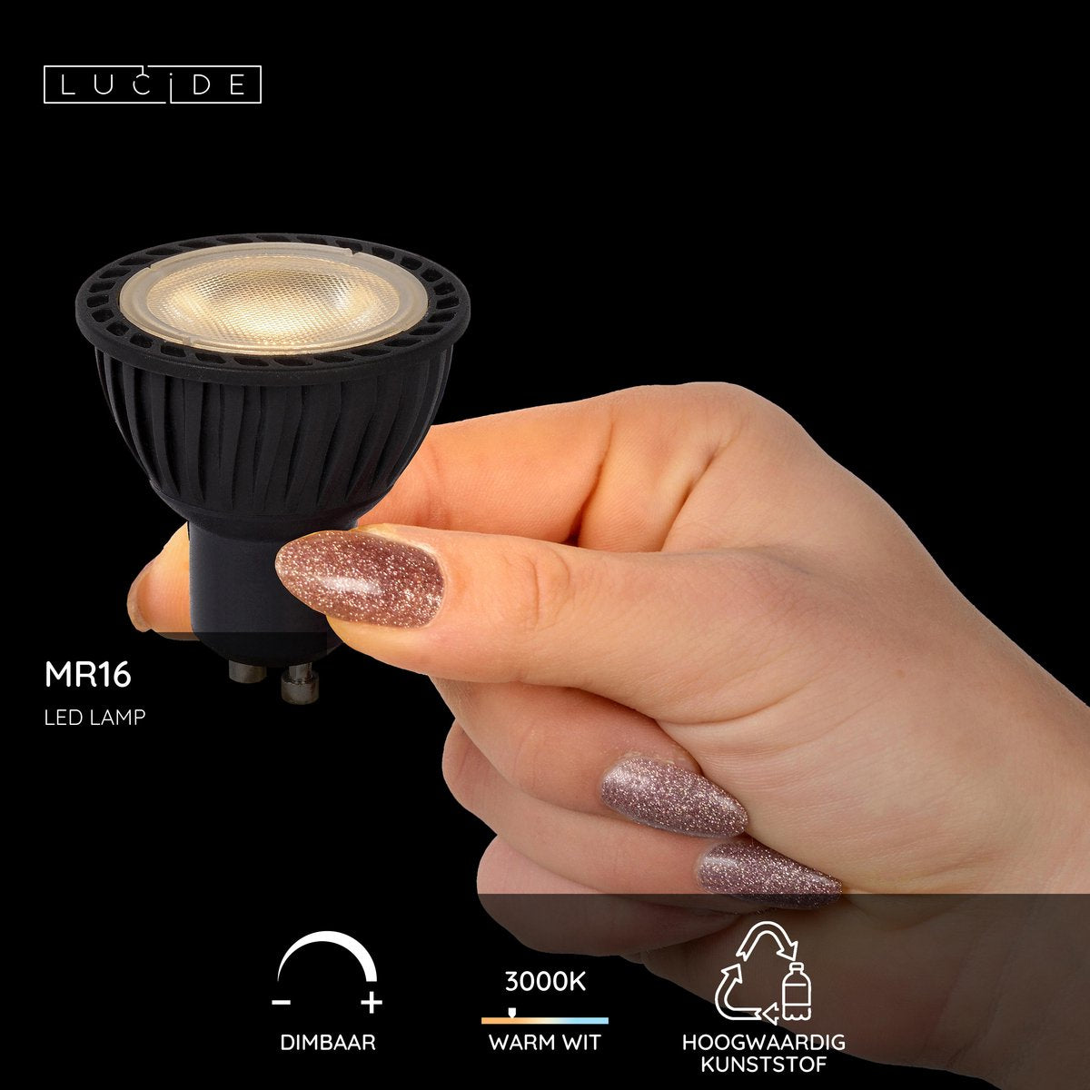 Lucide mr16 - led lamp - ø 5 cm - led dimbaar - gu10 (mr16) - 1x5w 3000k - zwart