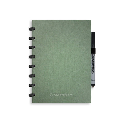 Correctbook a5 uitwisbaar notitieboek – linnen hardcover – herbruikbaar schrift – olive green – blanco – inclusief pen wisdoekje – aanvulbaar met extra pagina’s