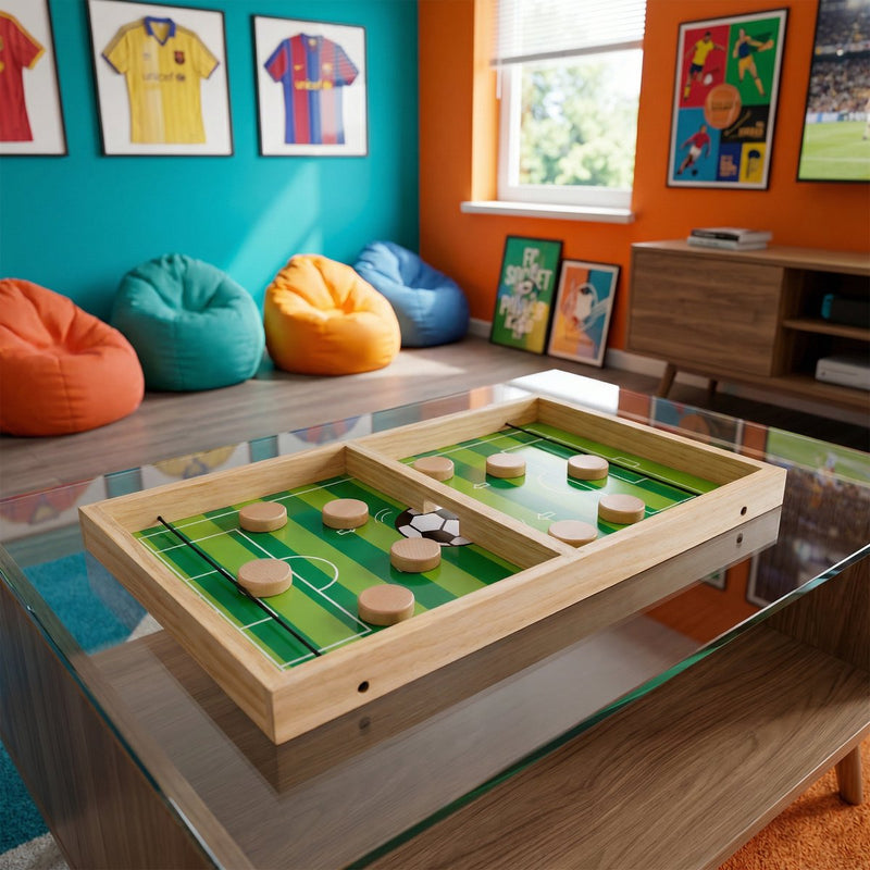 Eddy toys fling shot voetbalspel - houten vang- en werpspel - compact en draagbaar - leuk buitenspeelgoed voor 2 spelers - geschikt voor jong en oud - afmetingen 34x12x2 cm - kleur beige groen
