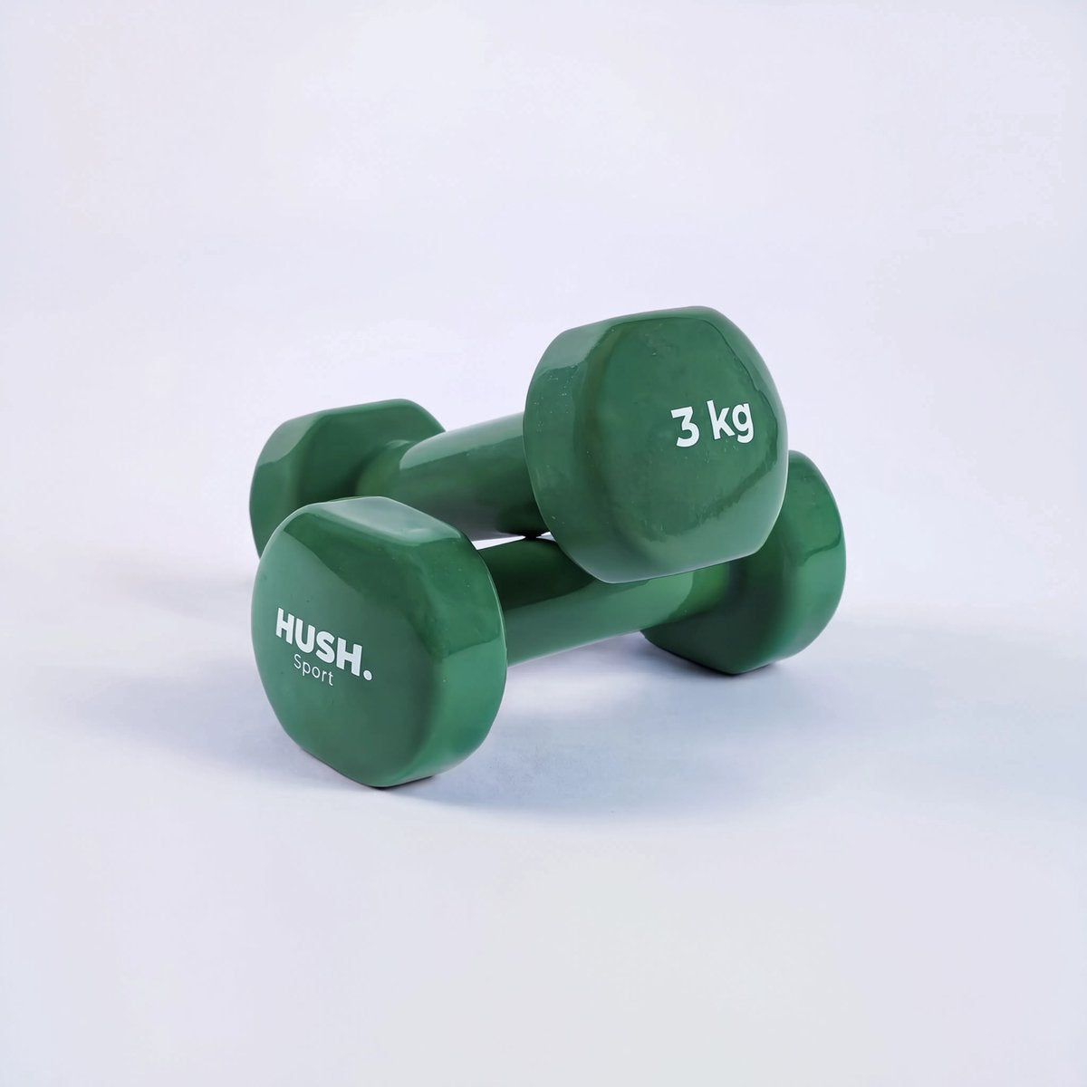 Hush sport - dumbbells set 2 x 3 kg olijfgroen - vinyl coating met antislip grip - gietijzer - handig 6-hoekig design - geschikt voor krachttraining fitness