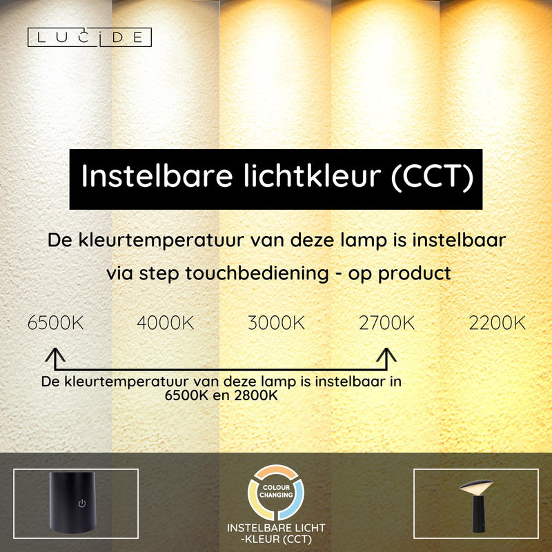 Lucide jive - oplaadbare tafellamp binnen buiten - accu batterij - ø 13,7 cm - led dimbaar - cct - 1x3w 2800k 6500k - ip44 - zwart