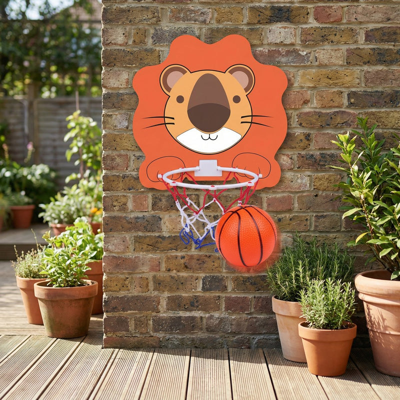Eddy toys basketbal set leeuw - basketbal set met leeuw bord en ring - kinder basketbal set met net en bal - basketbalbord voor binnen - oranje wit rood