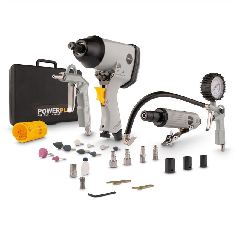 Powerplus set pneumatisch gereedschap powair0021 - set van 25 stuks persluchtgereedschap, tot 25.000 tpm en 8 bar - lucht slagmoer