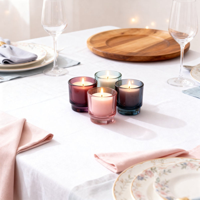 Arti casa kandelaar set van 4 theelichthouders - glas - rond - modern design - diameter 9 cm x hoogte 10 cm - bruin, licht groen, licht grijs en roze - 2 jaar garantie