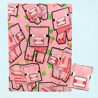 Paladone minecraft, pig 2-in-1 kussen deken - microsoft reisdeken, opvouwbare zachte fluffy plaid, compact ontwerp voor woonkamer of slaapkamer decoratie, 120cm x 150cm, officieel gelicentieerd -