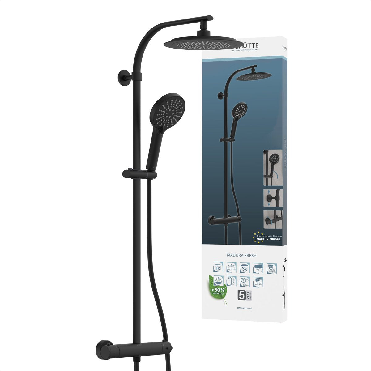 Schütte madura fresh douchesysteem - regendouche - met thermostatische douchekraan - hartafstand 150 mm - zwart mat