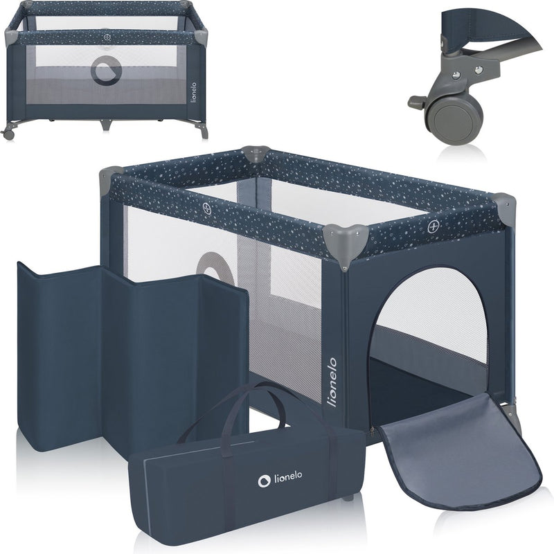 Lionelo campingbedje 3 in 1 - baby bed inklapbare box reisbedje - 60x120 cm - 0-36 maanden tot 15 kg - met comfort matras - zij-ingang met rits - wielen - transporttas - stefi babybed babybox ledikant