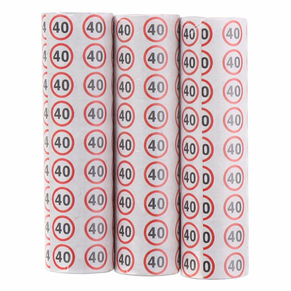 Partytime serpentine printing '40' pa - 3 rollen papieren slingers met verkeersbord print - 384 cm lang - 1,4 cm breed - feestversiering voor 40e verjaardag - wit met rood