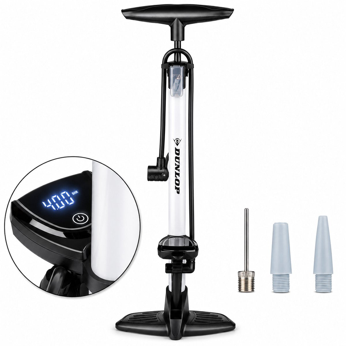 Dunlop digitale fietspomp met drukmeter - fiets pomp geschikt voor schrader presta ventiel - ballenpomp 120 psi 8.3 bar - inclusief ventieladapters en naald