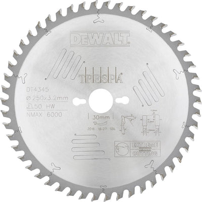 Dewalt cirkelzaagblad voor hpl | extreme | ø 250mm asgat 30mm 50t - dt4345-qz