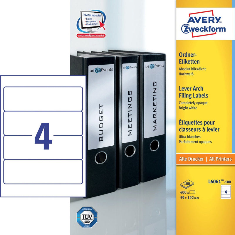 Avery ordnerrugetiketten, wit, 192,0 x 59,0 mm, permanent klevend