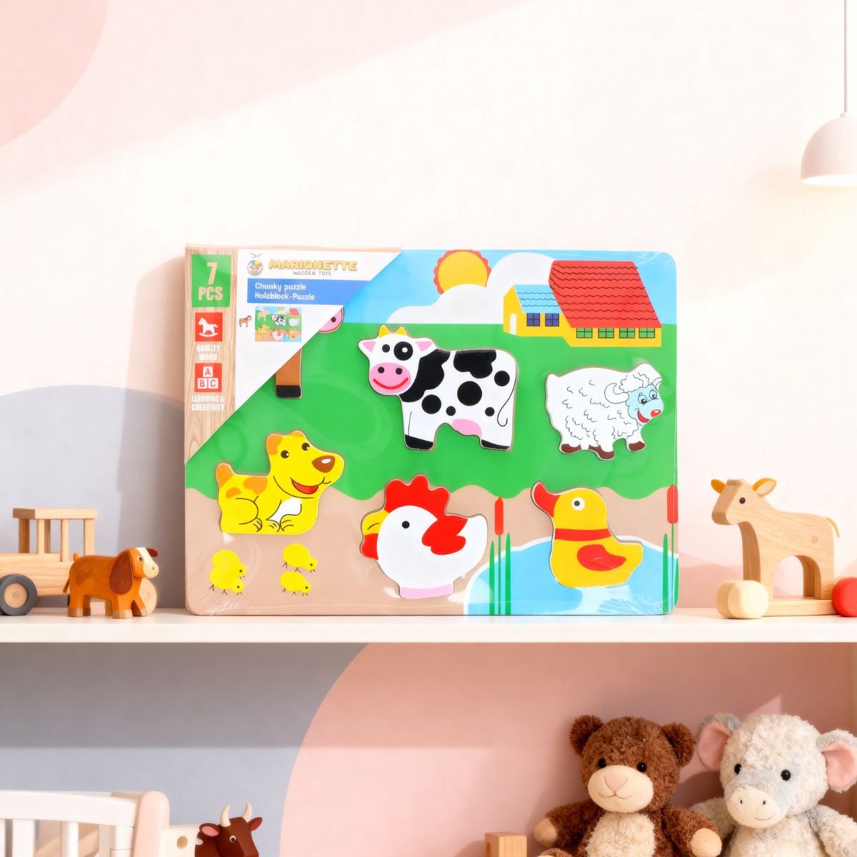 Marionette wooden toys chunky puzzel 7 stukjes - houten dierenpuzzel voor peuters - educatief montessori speelgoed - fsc 100% hout - 30x22,5x1,6 cm - meerkleurig