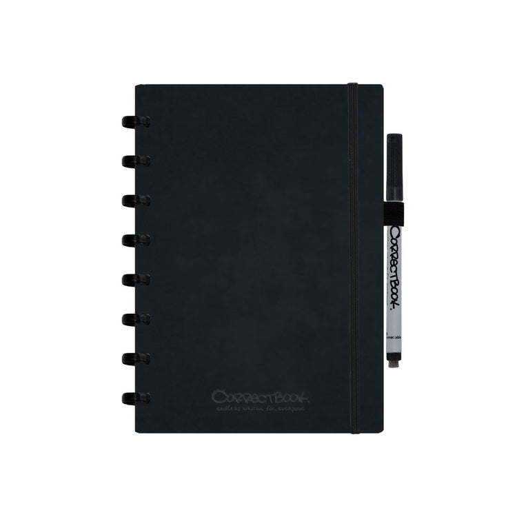 Correctbook a5 uitwisbaar notitieboek – ink black kunstleer hardcover – blanco – herbruikbaar schrift – inclusief pen wisdoekje – aanvulbaar met extra pagina’s