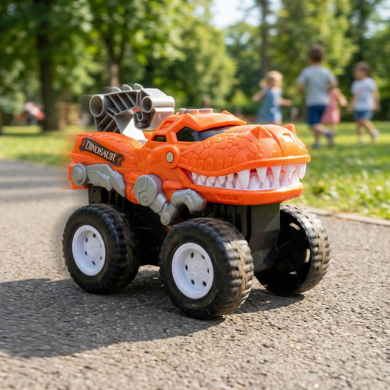 Eddy toys dino auto - speelgoedvoertuig met dinosaurusontwerp - robuuste wielen voor alle ondergronden - bevordert creatief spelen - 15,2 x 11,5 x 14,2 cm - oranje zwart