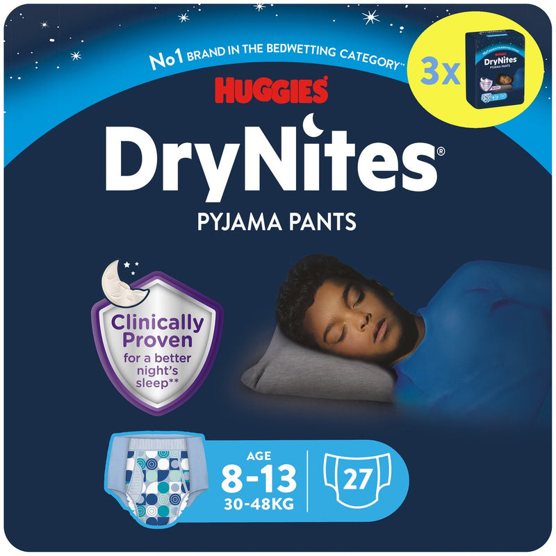 Drynites huggies luierbroekjes - jongens - 8 tot 13 jaar (30 tot 48 kg) - 27 nachtbroekjes - voordeelverpakking