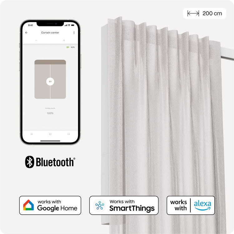 Motionblinds slimme gordijnrail – smart gordijn – bluetooth, draadloos app-bediening pull-start functie – usb-c oplaadbaar – pull-start functie – 200 cm