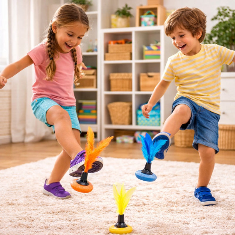 Eddy toys foot shuttle met veer - vang- en werpspel voor kinderen - geschikt voor wateractiviteiten - stimuleert buitenspelen - neopreen - set van 3 - 7x7x20 cm - lichtblauw, rood en geel