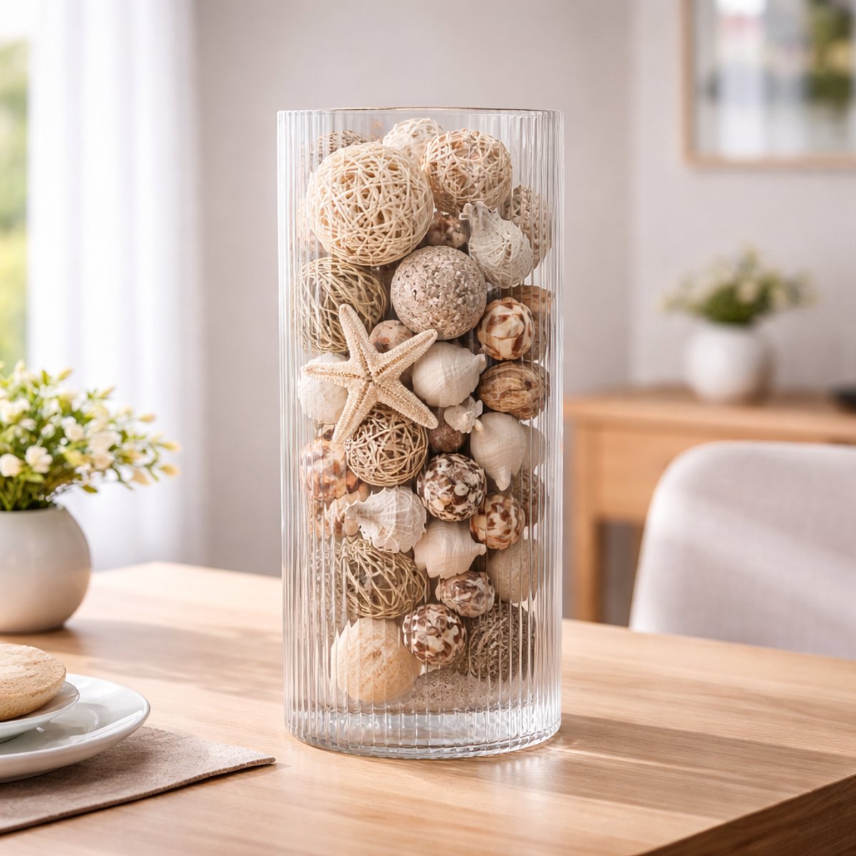 Arti casa glazen vaas - modern geribbeld design - ø15 x h35 cm - geschikt voor grote boeketten - rond model - transparant glas - waterdicht - stijlvol decoratief accessoire voor in huis
