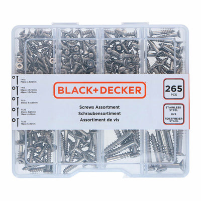 Black+decker torx schroevenset - 265-delig - verzonken kop met zelftappende punt - rvs - stevige opbergbox - diverse maten voor uiteenlopende klussen - praktisch en compact - kleur zilver