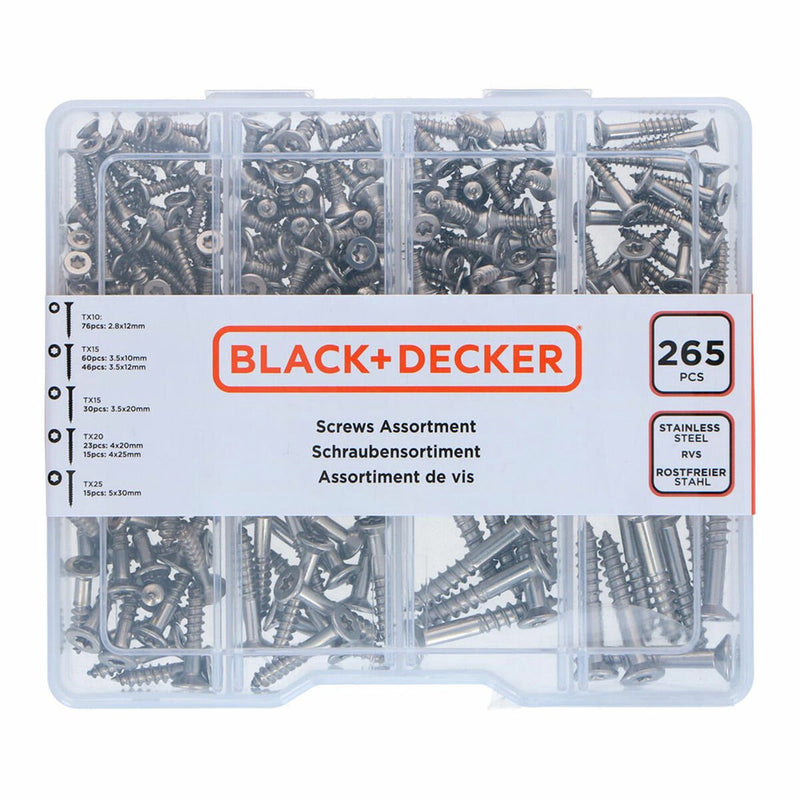 Black+decker torx schroevenset - 265-delig - verzonken kop met zelftappende punt - rvs - stevige opbergbox - diverse maten voor uiteenlopende klussen - praktisch en compact - kleur zilver
