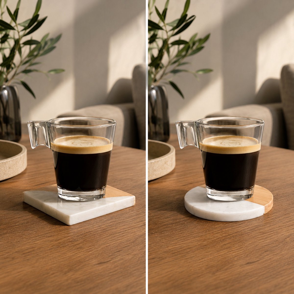 Alpina onderzetters 10x10 cm - natuursteen en bamboe design - rond of vierkant assorti - 4 stuks