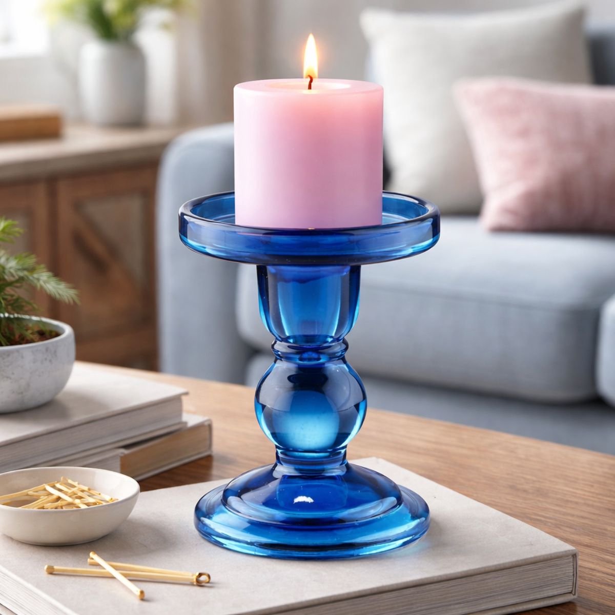 Arti casa kandelaar voor pilaarkaars - gemaakt van glas - geschikt voor pilaarkaarsen tot ø8,5 cm - modern design - sfeervolle uitstraling - afmeting ø8,5 x h11 cm - kleur blauw