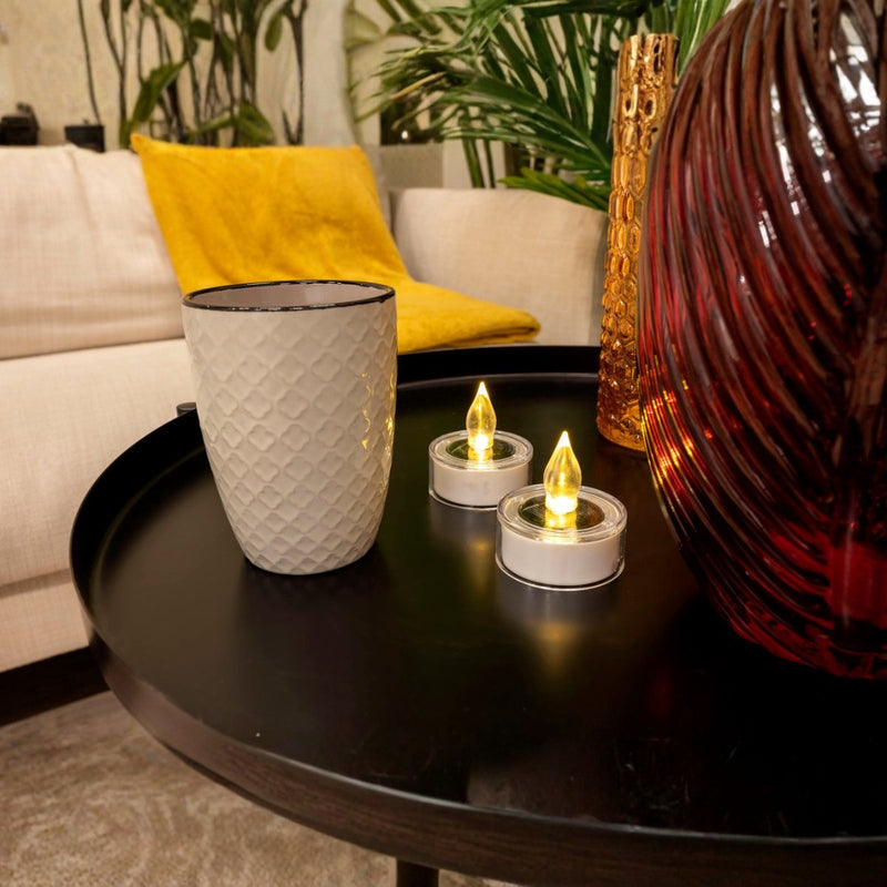 Arti casa solar theelichtjes flickerend - set van 2 stuks - warm wit led licht - werkt op zonne-energie, geen batterijen nodig - voor binnen en buiten - ø5,5 x 5,5 cm - transparant