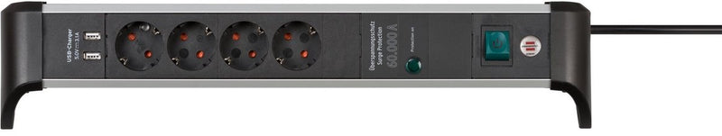 Brennenstuhl alu-office-line 60.000a overspanningsbeveiligings contactdoosstrip met usb-laadfunctie 4-voudig 1,8m h05vv-f 3g1.5