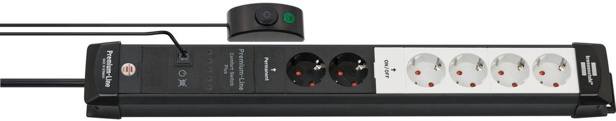 Brennenstuhl premium-line comfort switch plus stekkerdoos 6-voudig zwart lichtgrijs 3m h05vv-f 3g1,5 2 x permanente, 4 x schakelbare