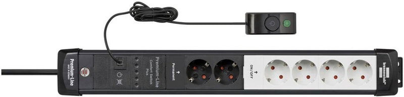 Brennenstuhl premium-line comfort switch plus stekkerdoos 6-voudig zwart lichtgrijs 3m h05vv-f 3g1,5 2 x permanente, 4 x schakelbare