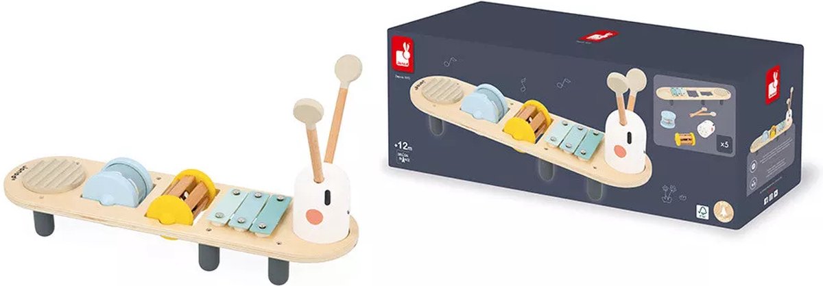 Janod sweet cocoon - muziektafel rups - 5 geluidsactiviteiten om melodietjes te creëren - met 3 afneembare rammelaars - geschikt vanaf 12 maanden