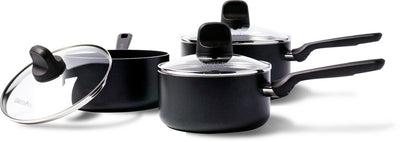 Greenpan memphis pannenset 6-delig - 16 18 20cm - 1.6 2.1 3.1l - pfas-vrije antikleeflaag - steelpan inductie - keramische pan - ovenbestendig tot 160°c - koudgrepen - met glazen deksel - zwart