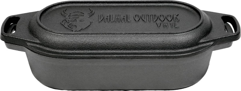 Valhal outdoor - braadpan dubbele skillet 1l - kleine dutch oven, gietijzer, ovaal, grillpatroon, vh1l