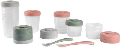 Béaba bewaarpotjes babyvoeding set van 12 - 2 x 90 ml, 4 x 150 ml en 6 x 250 ml met 2 siliconen lepels - hermetisch en lekvrij voor in de luiertas - stapelbaar met labelzone - geschikt voor vriezer, magnetron en babycook - groen roze