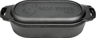 Valhal outdoor - braadpan dubbele skillet 2l - kleine dutch oven, gietijzer, ovaal, grillpatroon, vh2l