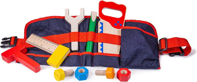Bigjigs toys rode gereedschapsgordel met houten gereedschap - bigjigs - met klipsluiting - 10-delig