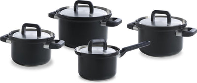 Bk flow cool black pannenset 4-delig - 16 18 20cm - zonder pfas-vrije antikleeflaag - pannenset inductie - rvs kookpan - ovenbestendig tot 160°c - met deksel - zilver