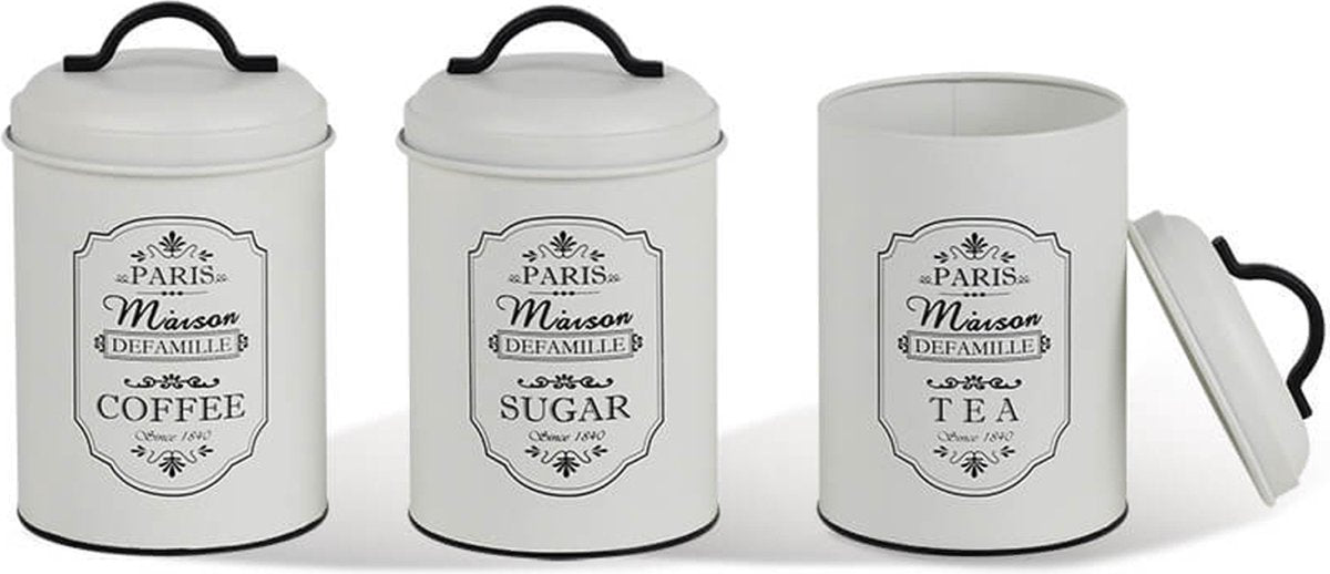 Maestro - set van 3 opbergblikken voor: suiker koffie thee | voedselcontainer - 3x ø11,3 x 18,5cm wit zwart