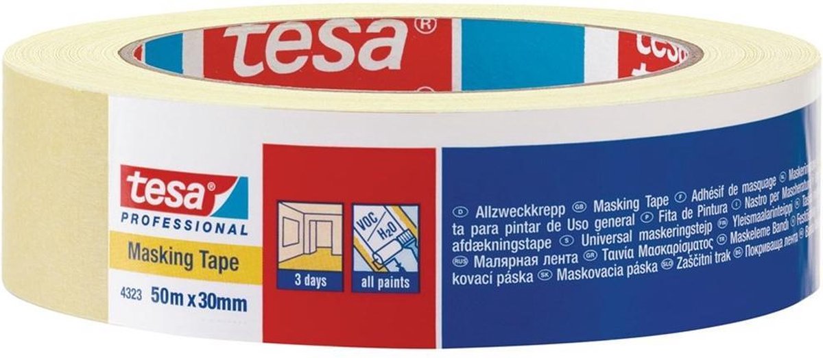Tesa afplaktape 4323 30mm 50m lichtgeel
