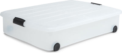 Iris clearbox opbergbox - onder-het-bed - met half te openen deksel - 50l - kunststof - transparant - met wielen